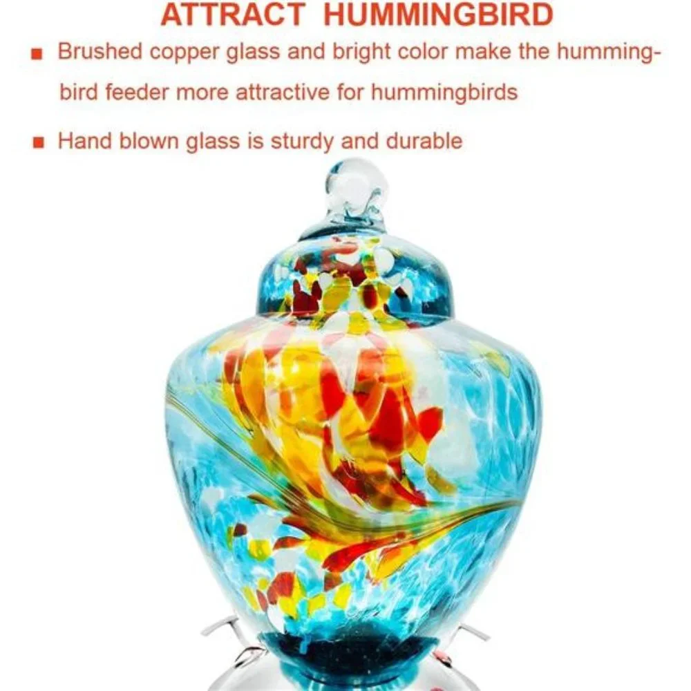 Hummingbird Feeder with Perch - Hand Blown Glass - Blue - 38 Fluid Ounces